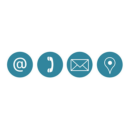 Vier Icons in einer Reihe: E-Mail-Zeichen, Telefonhörer, Briefumschlag, Adressmarker.