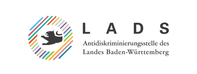Antidiskriminierungsstelle des Landes Baden-Württemberg (LADS BW) mit Grafik eines Löwen umringt von bunten Strichen