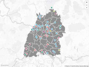 Markierte Orte auf Karte von Baden-Württemberg