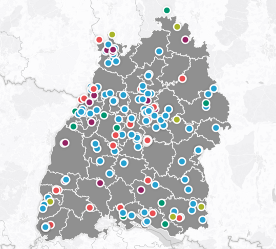 Markierte Orte auf Karte von Baden-Württemberg