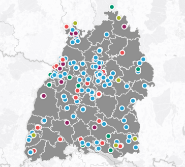Markierte Orte auf Karte von Baden-Württemberg