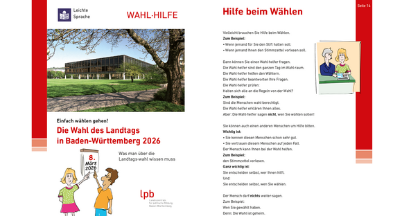 Bild Landtagsgebäude, darunter Schriftzug „Einfach wählen gehen! – Die Wahl des Landtags 2026, Was man über die Landtagswahl wissen muss“, darunter zeigen zwei Zeichenfiguren auf Kalenderblatt mit Datum 8. März 2026.