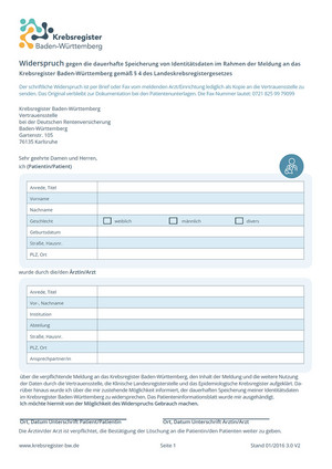 Widerspruch gegen die dauerhafte Speicherung von Identitätsdaten im Rahmen der Meldung an das Krebsregister Baden-Württemberg