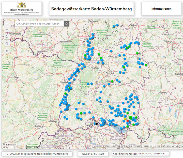 Verschiedenfarbige Punkte auf einer Baden-W&uuml;rttemberg-Landkarte