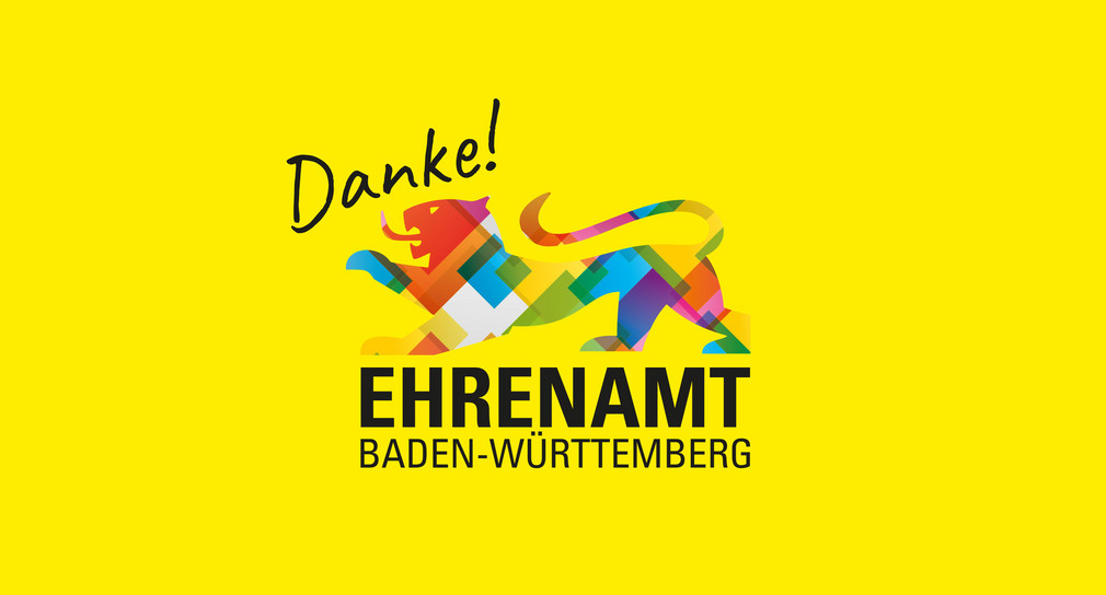 Mit verschiedenen Farben gefüllter Löwenumriss, umrahmt von Schriftzug: Danke! Ehrenamt Baden-Württemberg