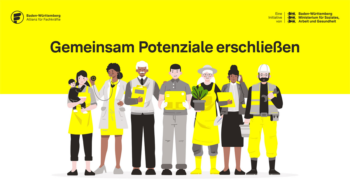 Illustration von sieben Personen aus verschiedenen Berufsgruppen, zum Beispiel Gärtnerin und Handwerker, darüber steht der Titel „Gemeinsam Potenziale erschließen“ und die Logos der Fachkräfteallianz Baden-Württemberg sowie des Sozialministeriums Baden-Württemberg.
