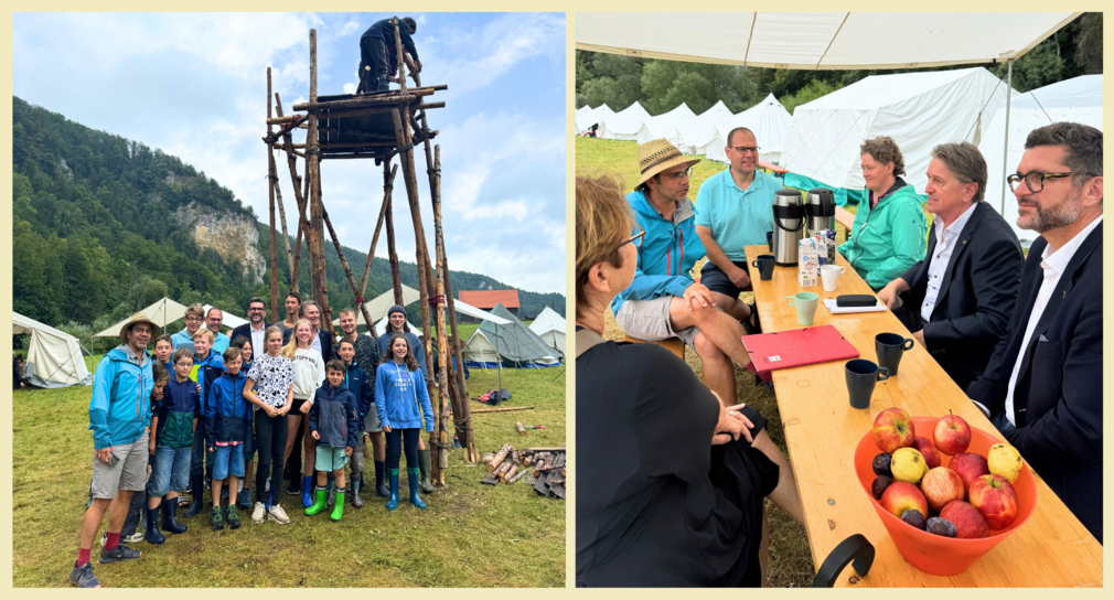 Minister Manne Lucha unterhält sich mit Kindern, Jugendlichen und Betreuenden im Zeltlager Donautal in Fridingen.