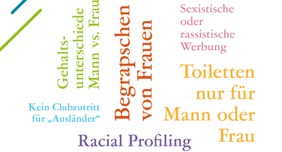 Tagcloud zum Thema Antidiskriminierung: Racial Profiling, sexistische oder rassistische Werbung, Toiletten nur für Mann oder Frau