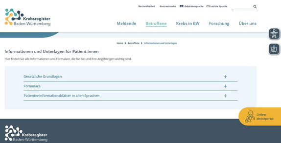 Screenshot Website Krebsregister BW, Downloadbereich Informationen und Formulare für Patientinnen und Patienten.