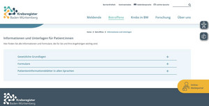 Screenshot Website Krebsregister BW, Downloadbereich Informationen und Formulare für Patientinnen und Patienten.