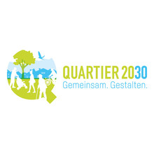 Logo der Strategie „Quartier 2020 - Gemeinsam. Gestalten.“: Umrisse von Menschen, Tieren und Häusern in Form des Buchstabens Q
