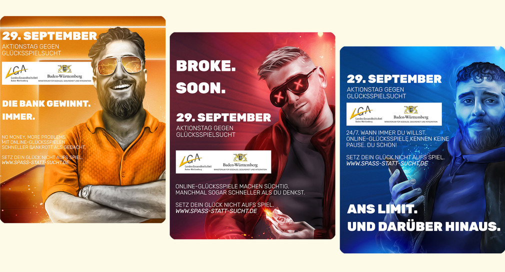 Drei Plakate zum Aktionstag gegen Glücksspielsucht zeigen junge Männer neben Slogans wie „Die Bank gewinnt. Immer.“