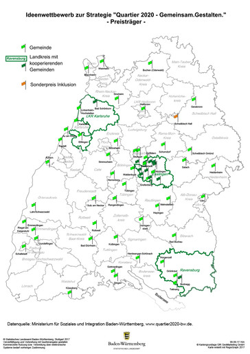 Karte Baden-Württembergs, auf der die Standorte der Preisträger des Ideenwettbewerbs zur Strategie „Quartier 2020 - Gemeinsam.Gestalten.“ markiert sind.