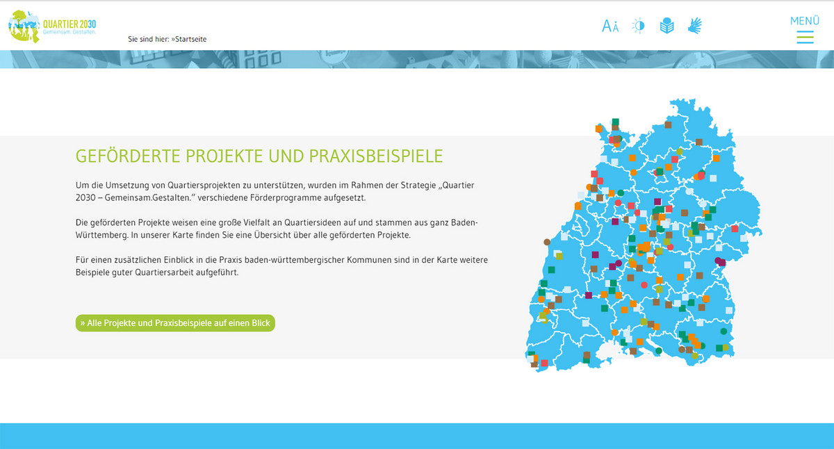 Screenshot der Homepage quartier2030-bw.de zeigt Landkarte von Baden-Württemberg mit Standortmarkierungen für Quartiersprojekte.