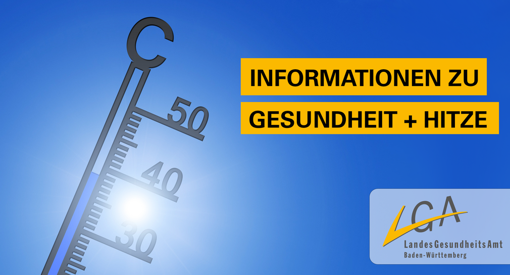 Thermometer und LGA-Logo auf blauem Hintergrund mit Beschriftung "Informationen zu Gesundheit und Hitze" 