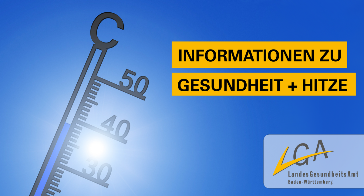Thermometer und LGA-Logo auf blauem Hintergrund mit Beschriftung "Informationen zu Gesundheit und Hitze" 