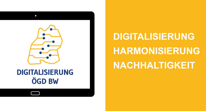 Logo Digitalisierung ÖGD BW auf Computerbildschirm, daneben in Blockschrift die Begriffe Digitalisierung, Harmonisierung, Nachhaltigkeit