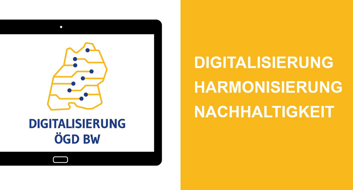 Logo Digitalisierung ÖGD BW auf Computerbildschirm, daneben in Blockschrift die Begriffe Digitalisierung, Harmonisierung, Nachhaltigkeit