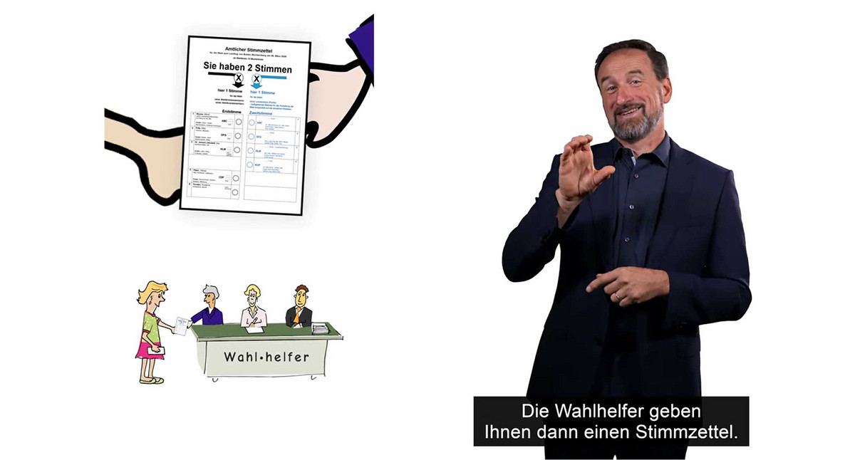 Zeichnung von drei Wahlhelfern an einem Tisch, daneben ein Gebärdensprachdolmetscher