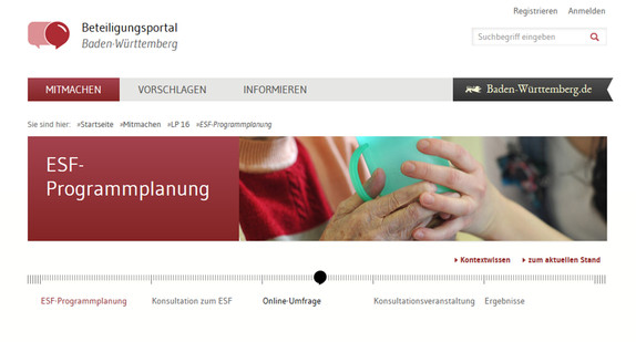 Screenshot der Umfrage zur ESF-Programmplanung auf dem Beteiligungsportal Baden-Württemberg