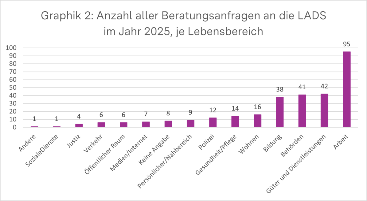 Diagramm zeigt Anzahl aller Beratungsanfragen an die LADS im Jahr 2025 je Lebensbereich. Andere: 1, Soziale Dienste: 1, Justiz: 4, Verkehr: 6, Öffentlicher Raum: 6, Medien/Internet: 7, keine Angabe: 8, Persönlicher Nahbereich: 9, Polizei: 12, Gesundheit/Pflege: 14, Wohnen: 16, Bildung: 38, Behörden: 41, Güter und Dienstleistungen: 42, Arbeit: 95.