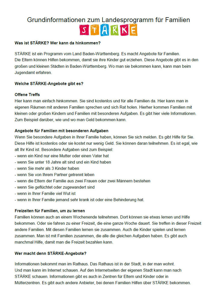 ST&Auml;RKE - Das Programm f&uuml;r Familien vom Land Baden-W&uuml;rttemberg in Einfacher Sprache