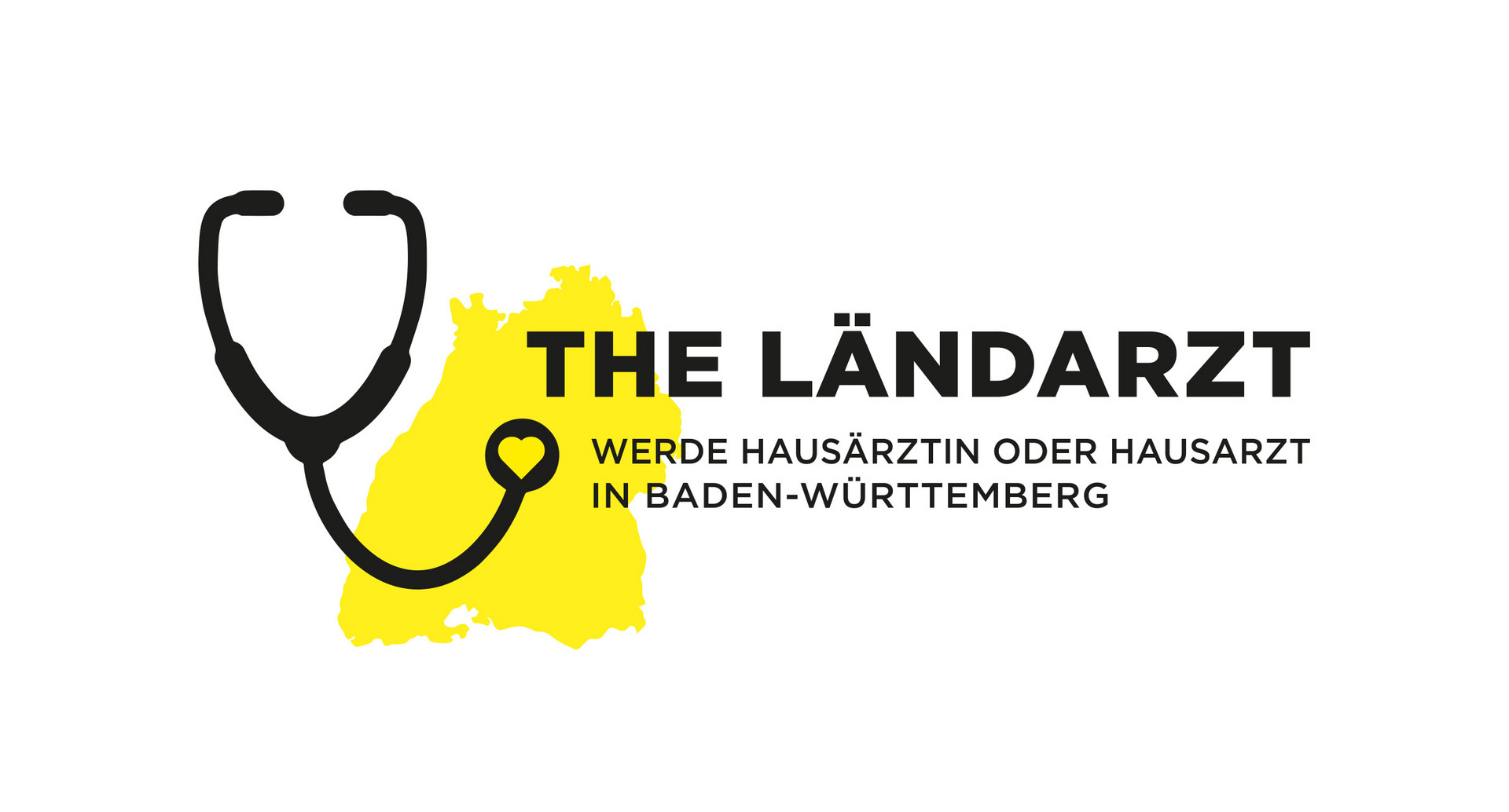 Stethoskop vor farbig eingefärbtem Kartenumriss von Baden-Württemberg mit Schriftzug: The Ländarzt - Werde Hausärztin oder Hausarzt in Baden-Württemberg