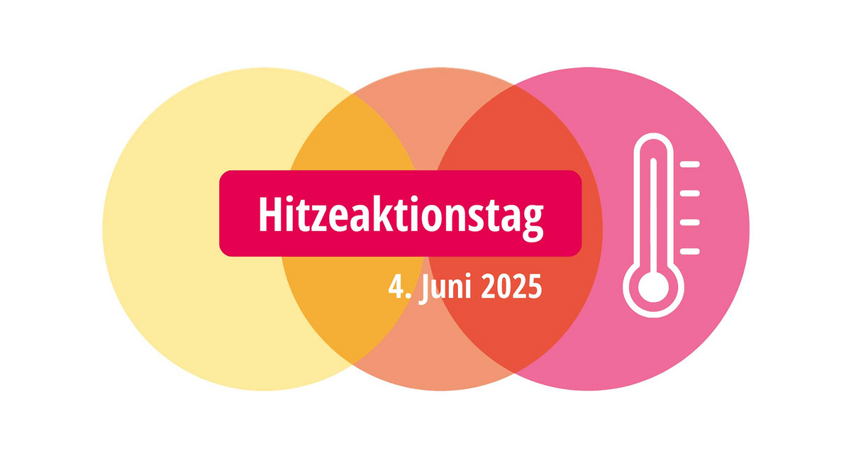 Logo Hitzeaktionstag: Drei ineinandergreifende farbige Kreise, darauf Schriftzug „Hitzeaktionstag 4. Juni 2025“