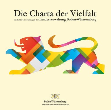 Bunter Löwenumriss und Titel „Die Charta der Vielfalt und ihre Umsetzung in der Landesverwaltung Baden-Württemberg“