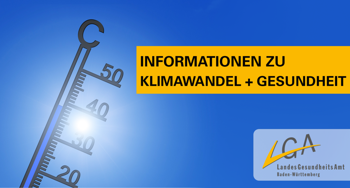 Thermometer und LGA-Logo auf blauem Hintergrund mit Beschriftung "Informationen zu Klimawandel und Gesundheit" 