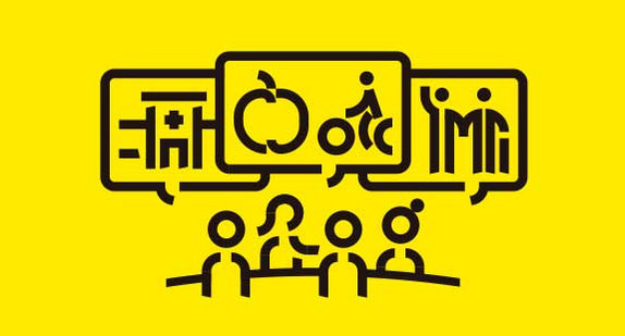 Icon-Zusammenstellung zeigt Personen an Konferenztisch, darüber drei Sprechblasen mit den Motiven Krankenhaus, Apfel und Radfahrer, Person am Gehstock.