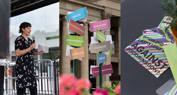 Collage aus drei Bildern: LADS-Leiterin Dr. Nina Guérin spricht auf Veranstaltungsbühne, Wegweiser mit thematisch beschrifteten Schildern wie Gleichberechtigung, Solidarität und Würde, bunte Postkarten zum Thema Antidiskriminierung.