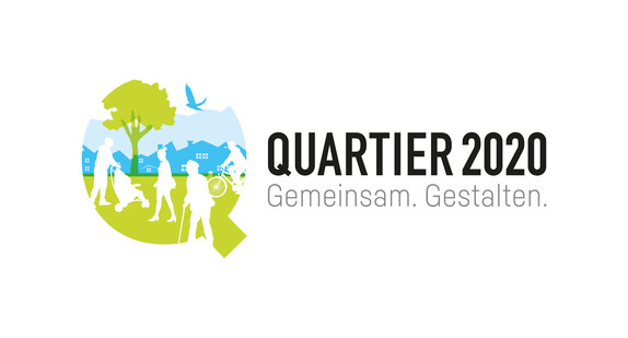 Logo der Strategie „Quartier 2020 – Gemeinsam. Gestalten.“: Umrisse von Menschen, Tieren und Häusern in Form des Buchstabens Q (Bild: Sozialministerium Baden-Württemberg)