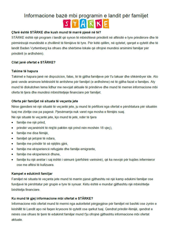 ST&Auml;RKE Informacione baz&euml; mbi programin e landit p&euml;r familjet