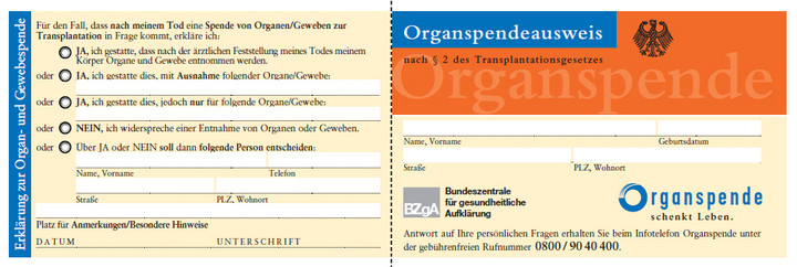 Formular Organspendeausweis