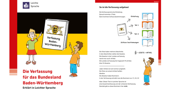 Zeichnung von zwei Figuren, die auf ein Buch mit dem Titel „Verfassung Baden-Württemberg“ zeigen, darunter der Schriftzug „Die Verfassung für das Bundesland Baden-Württemberg. Erklärt in Leichter Sprache“.