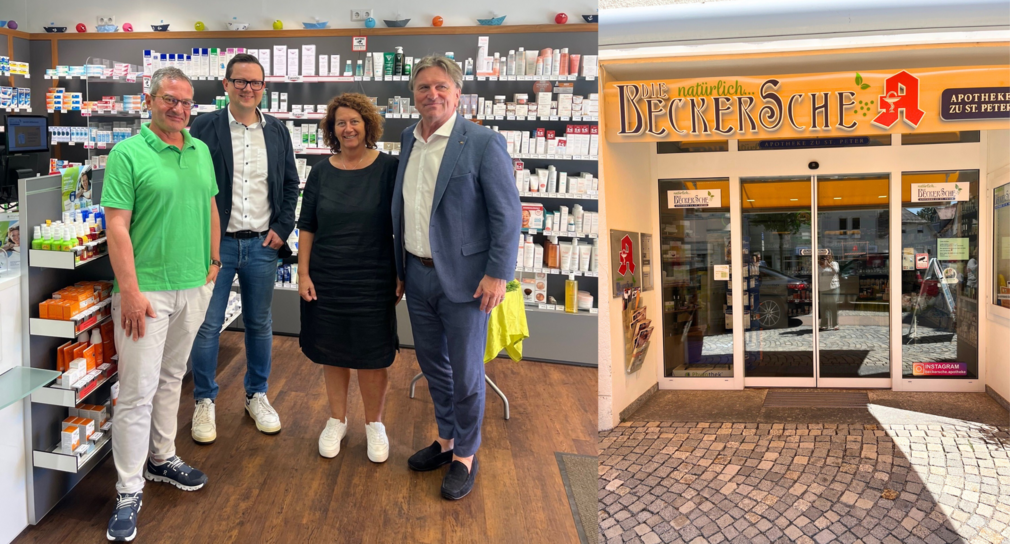 Gruppenfoto Minister Manne Lucha mit den Mitarbeitenden der Beckerschen Apotheke in Bad Waldsee. Das Foto entstand im Rahmen der Sommertour des Ministers