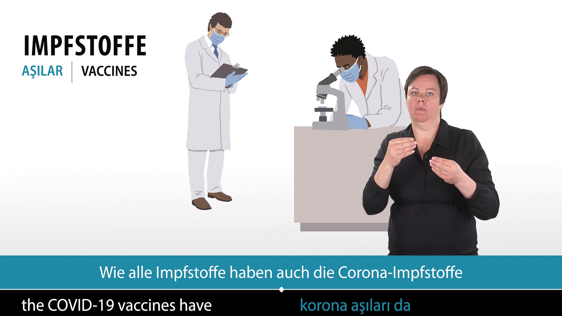 Gebärdendolmetscherin übersetzt Informationen zu Corona-Impfstoffen, im Hintergrund ein Arzt und ein Labormitarbeiter