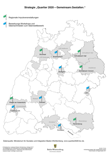 Standorte der regionalen Impulsveranstaltungen sowie Bewerbungsworkshops und Ideenschmieden zum Ideenwettbewerb markiert auf einer Baden-Württemberg-Karte