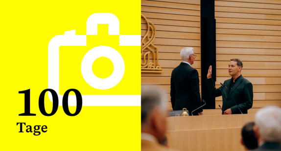 Collage: Schriftzug "100 Tage", daneben Foto der Vereidigung von Oliver Hildenbrand durch Ministerpräsident Cem Özdemir.