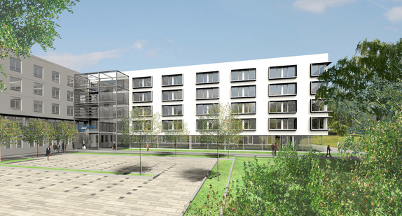 Skizze des neuen Eingangsbereichs der GRN-Klinik Sinsheim nach der Fertigstellung aller An- und Umbauten