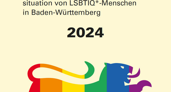 Bunt gefärbter Löwenumriss unter Titel Bunt & Stark – Onlinebefragung zur Lebenssituation von LSBTIQ*-Menschen in Baden-Württemberg 2024, Logos Statistisches Landesamt und Sozialministerium Baden-Württemberg