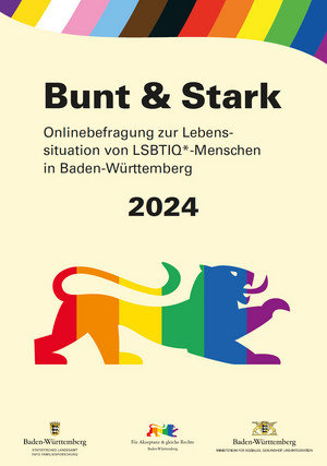 Bunt gefärbter Löwenumriss unter Titel Bunt & Stark – Onlinebefragung zur Lebenssituation von LSBTIQ*-Menschen in Baden-Württemberg 2024, Logos Statistisches Landesamt und Sozialministerium Baden-Württemberg