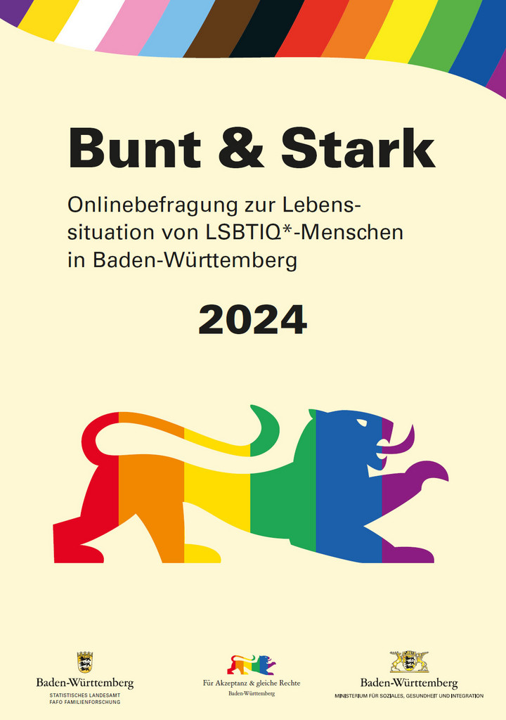 Bunt gef&auml;rbter L&ouml;wenumriss unter Titel Bunt & Stark &ndash; Onlinebefragung zur Lebenssituation von LSBTIQ*-Menschen in Baden-W&uuml;rttemberg 2024, Logos Statistisches Landesamt und Sozialministerium Baden-W&uuml;rttemberg