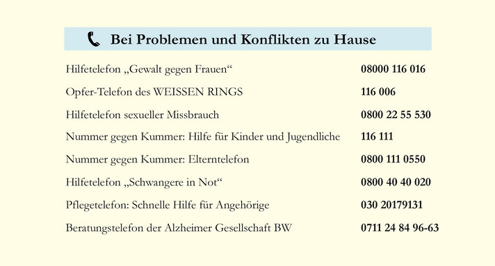 Infografik mit Telefonnummern zu Hilfsangeboten bei Problemen im häuslichen Umfeld