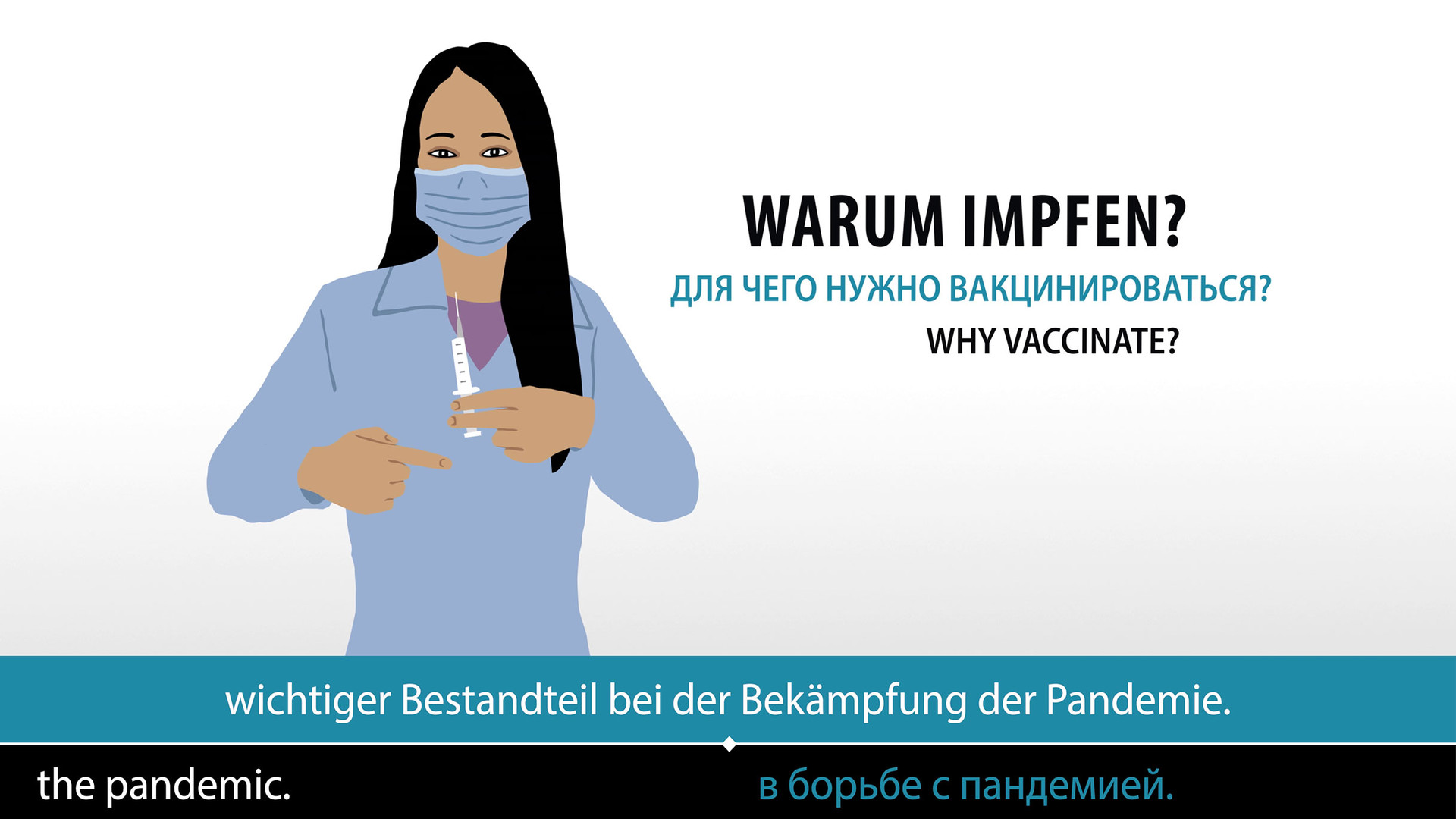 Krankenschwester mit Spritze in der Hand, daneben der Text „Warum impfen?“
