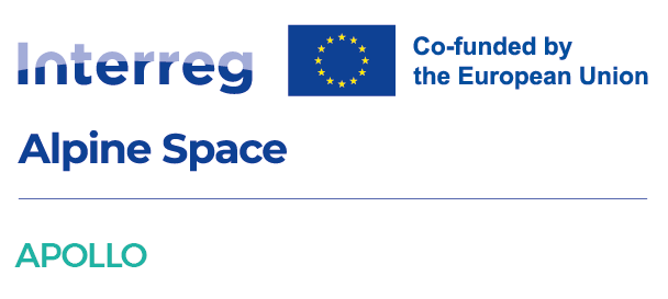 Logo APOLLO Interreg Alpine Space, rechts davon EU-Flagge mit Zusatz "Co-funded by the European Union"