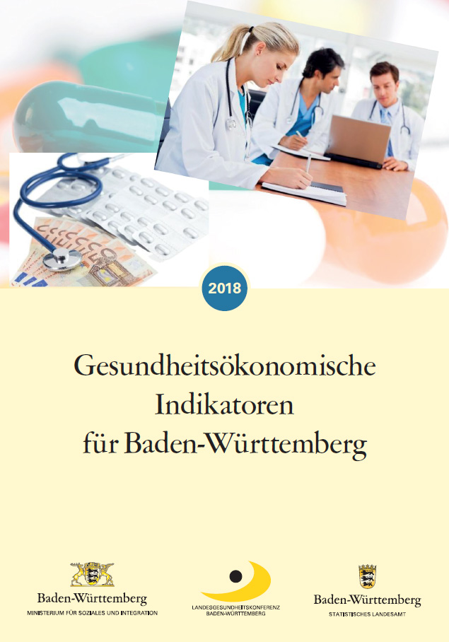 Collage aus Fotos mit Gesundheitsmotiven und Text: Gesundheits&ouml;konomische Indikatoren f&uuml;r Baden-W&uuml;rttemberg 2018