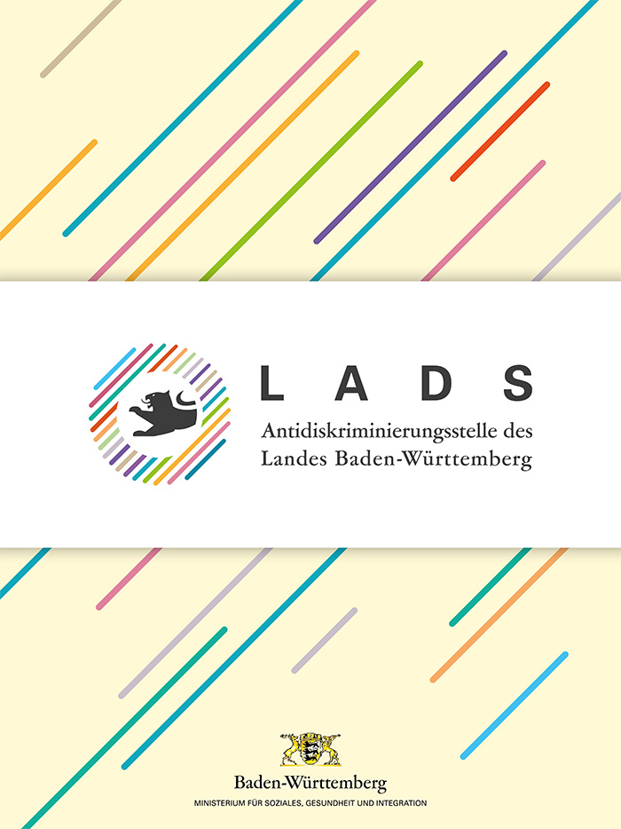 Grafik eines L&ouml;wen in einem Kreis aus bunten Strichen - Antidiskriminierungsstelle des Landes Baden-W&uuml;rttemberg (LADS)