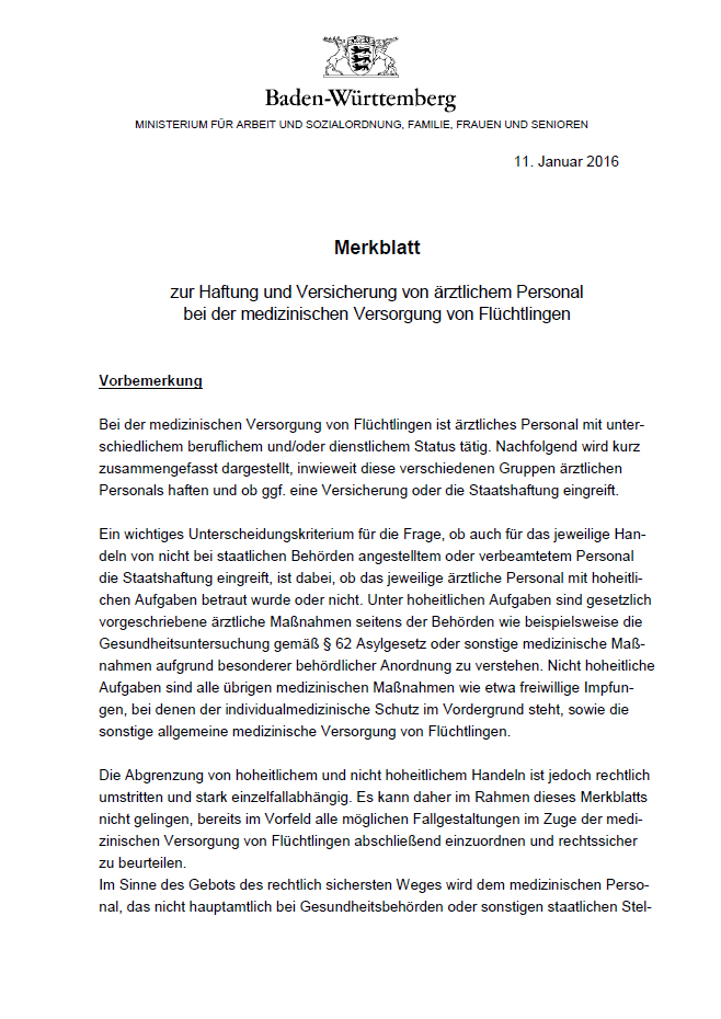 Merkblatt zur Haftung und Versicherung von &auml;rztlichem Personal bei der medizinischen Versorgung von Fl&uuml;chtlingen